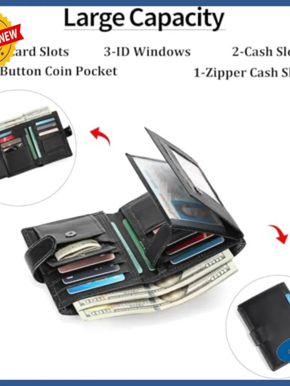 Genuine Leather Bifold Wallet with RFID Blocking and Coin Pocket
